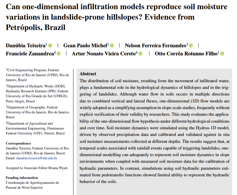 Figura da publicação: Can one-dimensional infiltration models reproduce soil moisture variations in landslide-prone hillslopes?